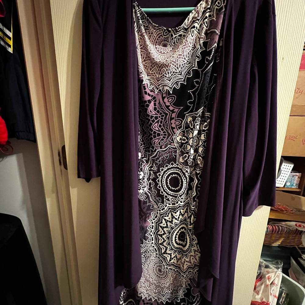 Chic Purple and Black Patterned Dress with Cardigan